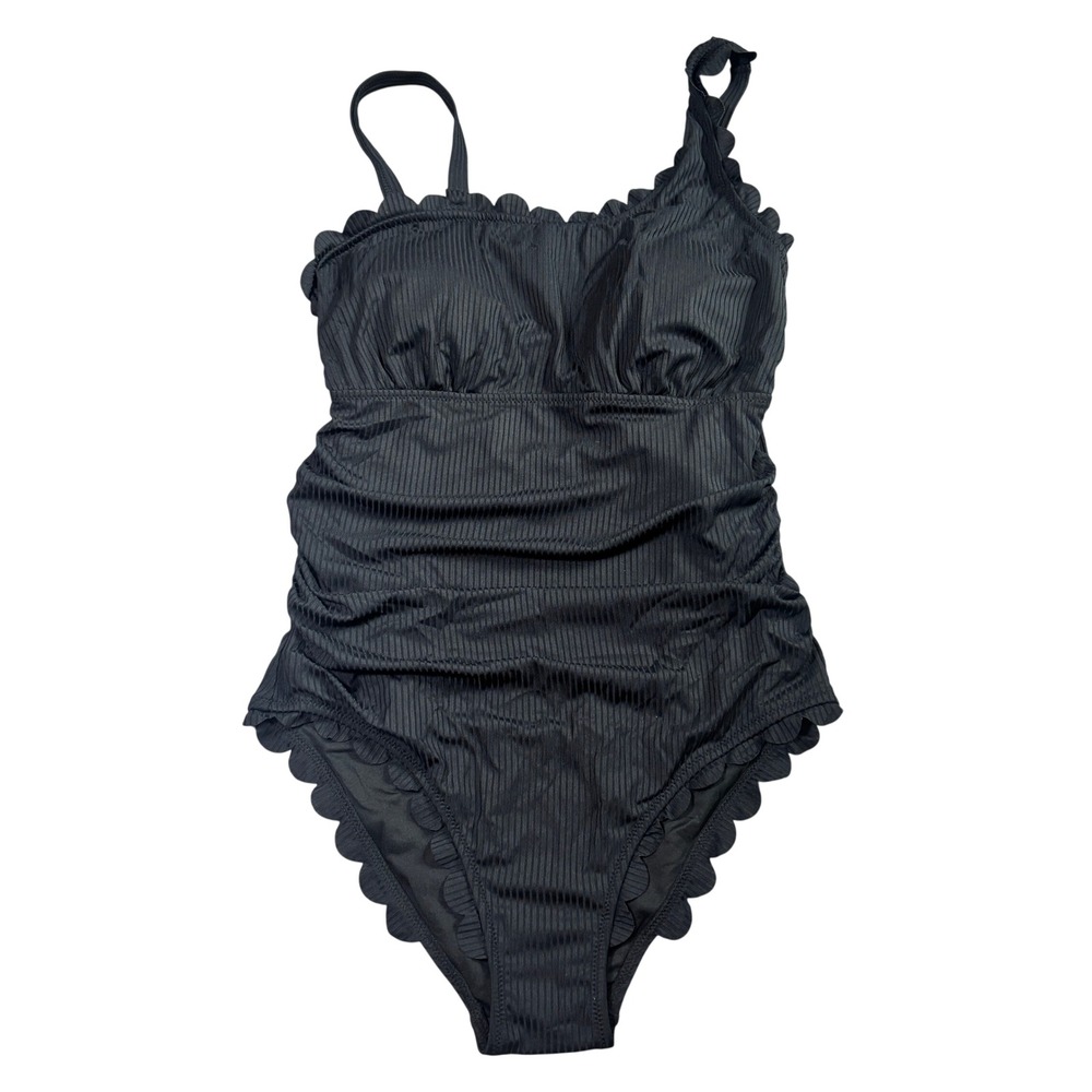 Summer Mae Black Ribbed One Piece Swimsuit Scalloped Trim Tie Back New